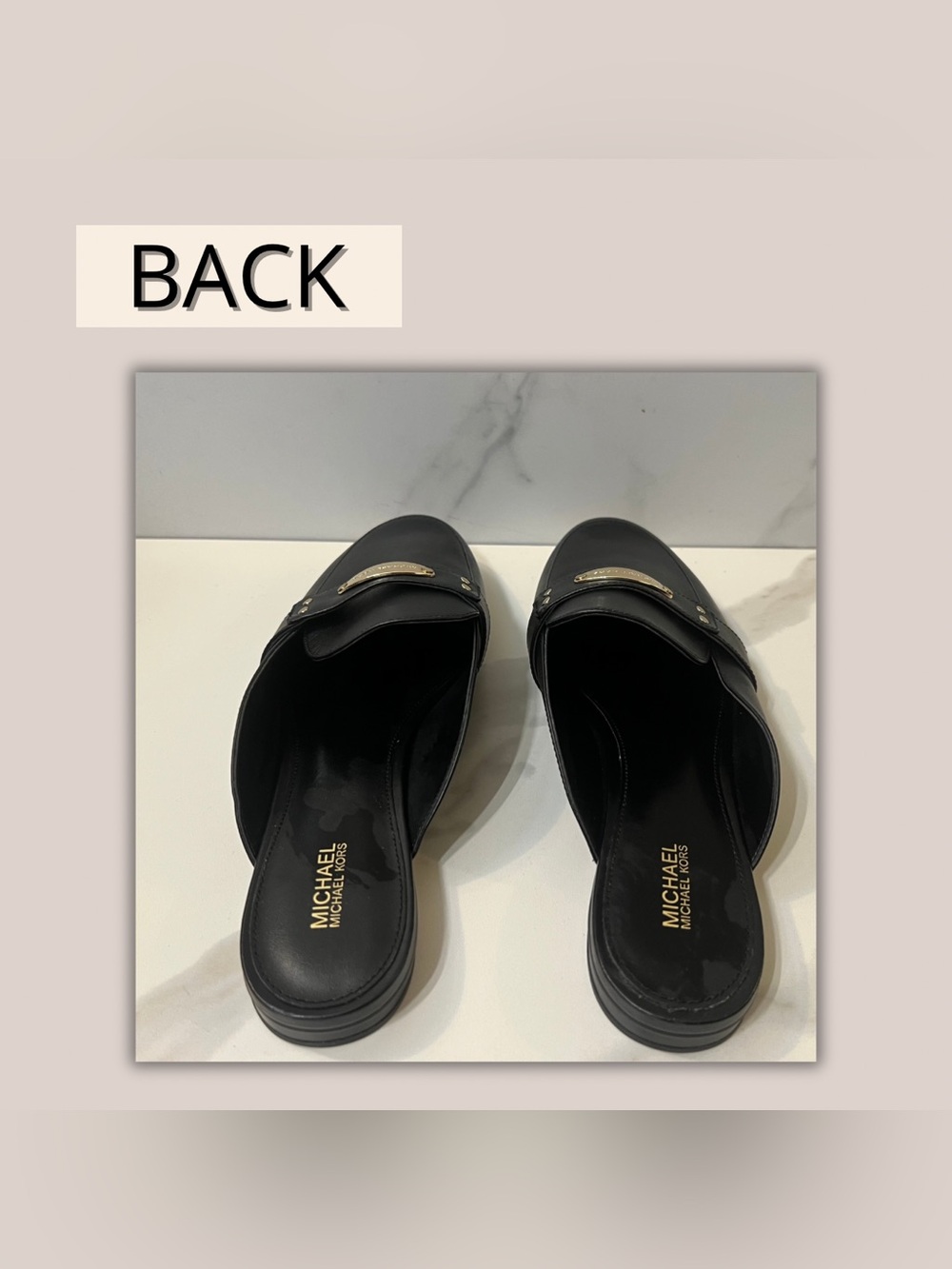 Michael Kors Black Leather Backless Loafer with Gold Accent - Picture 3 of 5